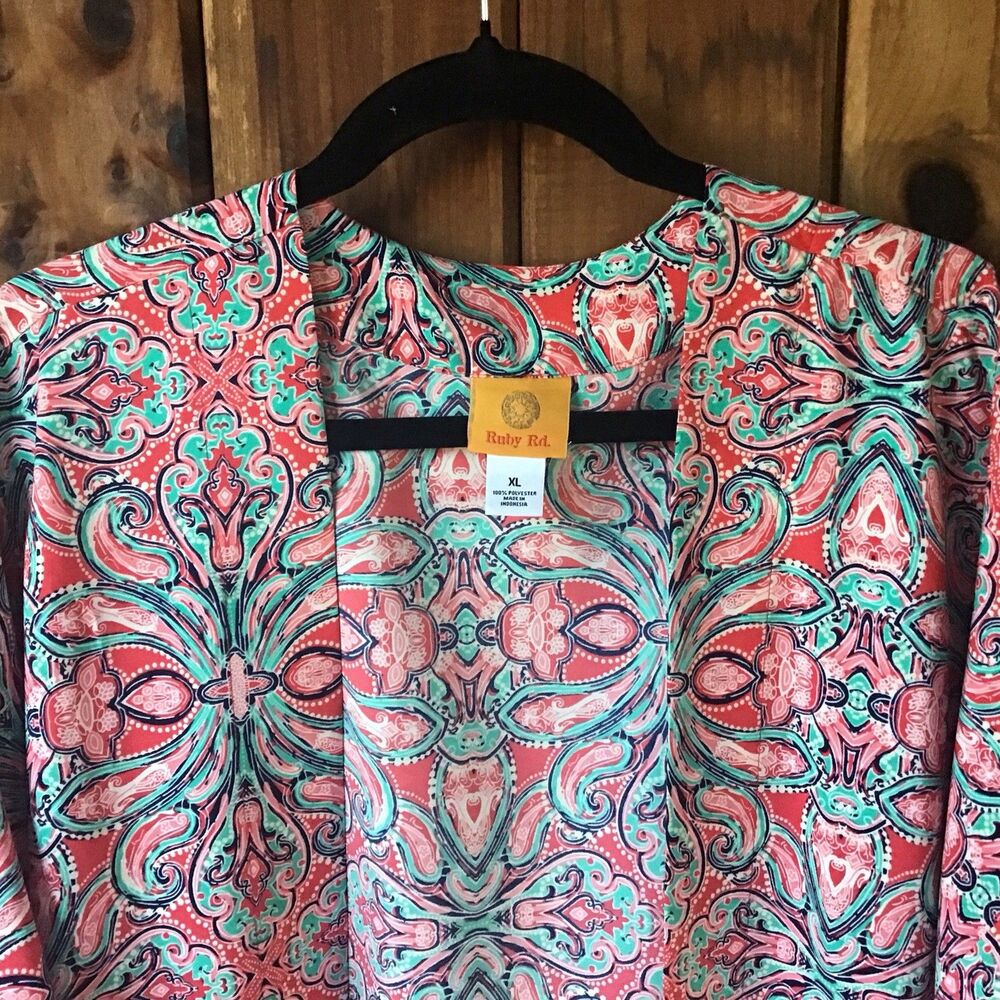 Ruby Rd. Kimono Cover Up Robe Size XL Red Floral Fringe - Picture 2 of 7